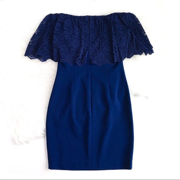 Aidan Mattox | navy off shoulder lace crepe dress - Picture 6 of 8